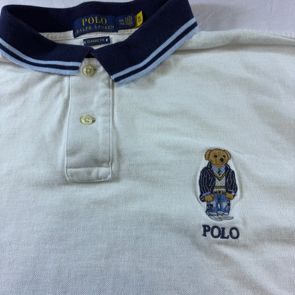 Polo Ralph Lauren Mens XXL White Polo Bear Classic Fit Mesh Shirt Stripe Collar